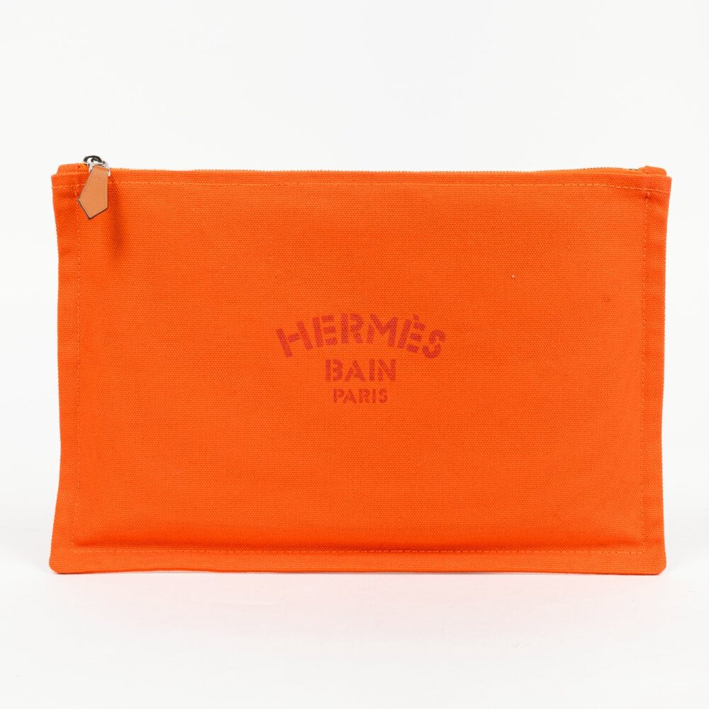 Hermes Flat Yachting GM Orange Logo Toile Pouch